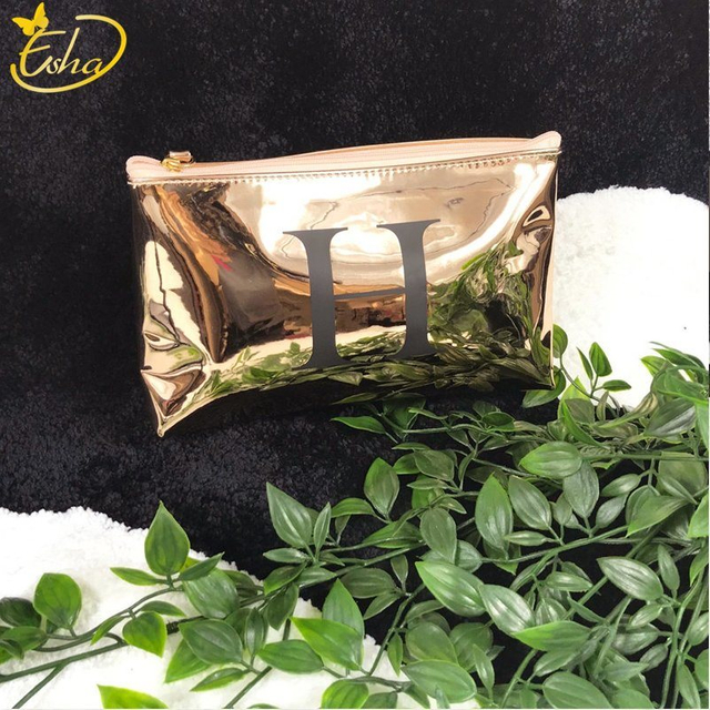 Bolsa de cosméticos dourada com estampa de PVC brilhante para viagem